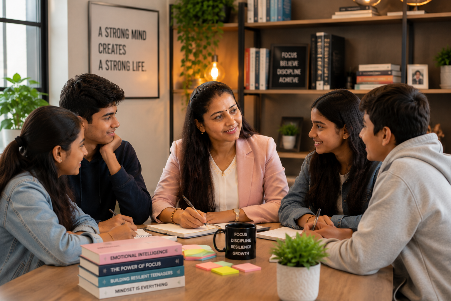 Dr. Madhu Anjimati in conversation with a small group of teenagers