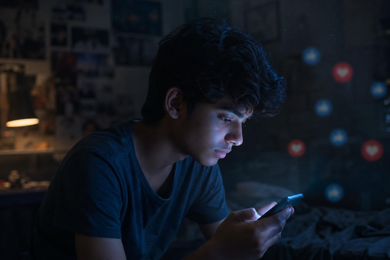 A teenager lit by phone glow at night, surrounded by floating notifications